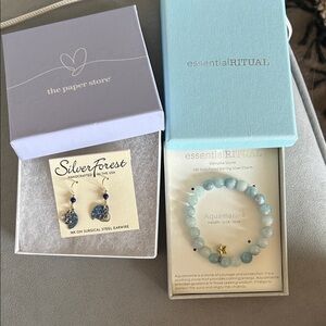 Silver Forest Blue Earrings and Essential RITUAL Aquamarine Bracelet Set-NIB